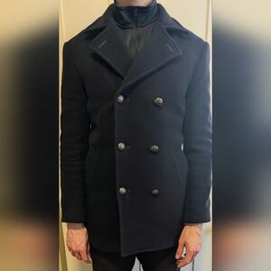 Tallia Men's Navy Blue Wool-Blend Double-Breasted Peacoat Jacket W/Side Pockets